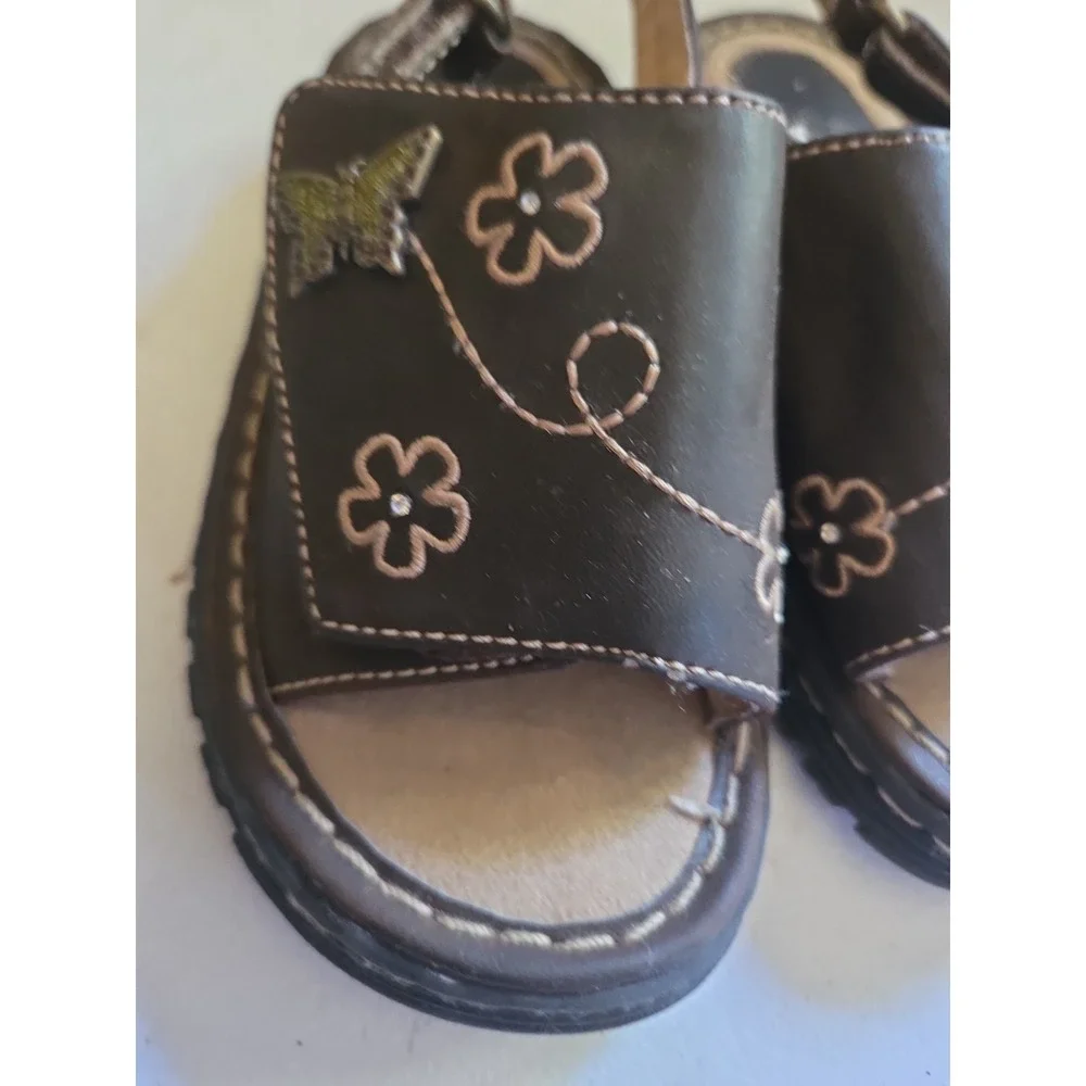 Toddler Vintage Hearts & Flowers Size 8 Chunky Sandals Leather Brown Y2K